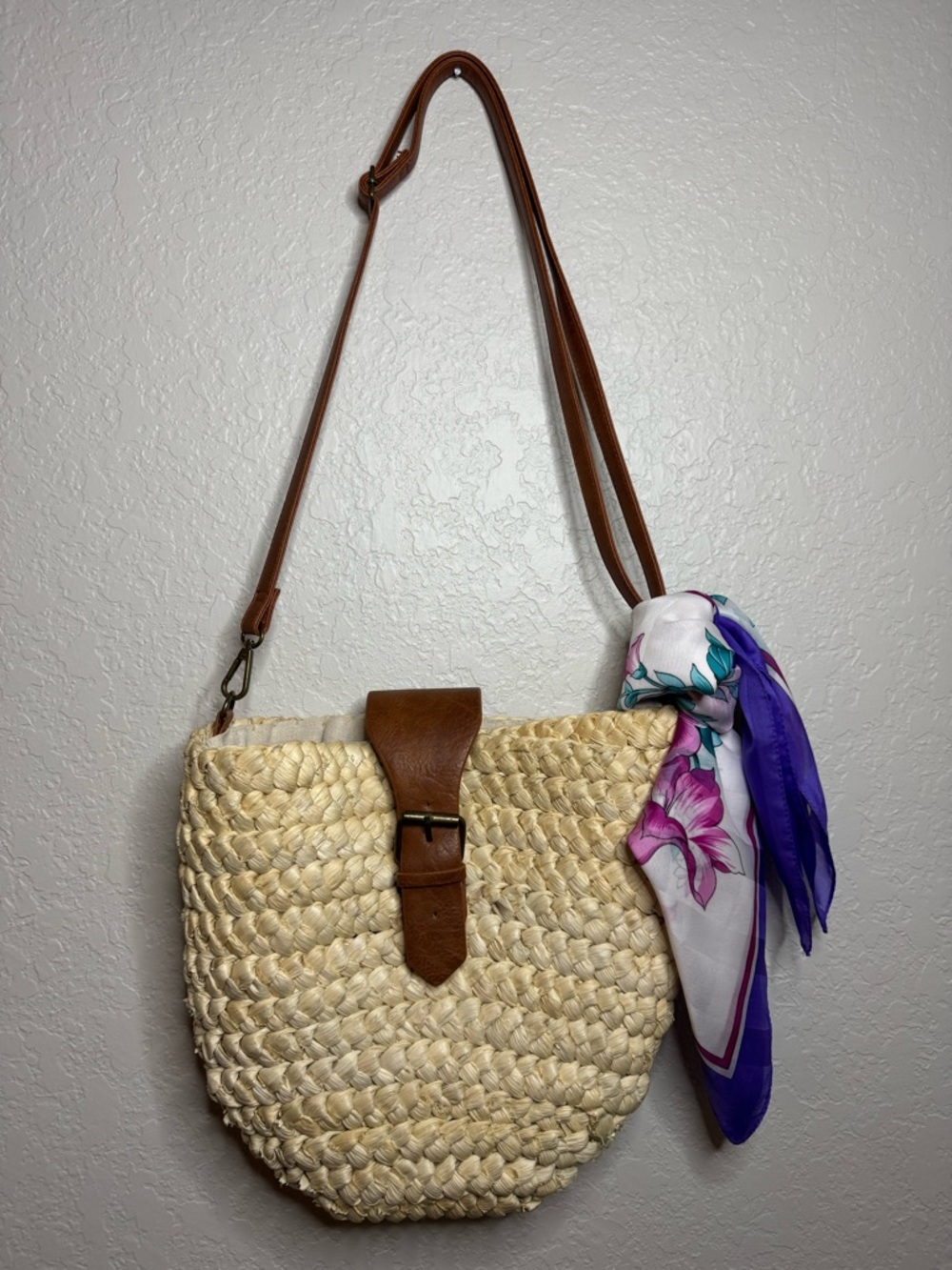 SOLD Woven Straw Crossbody Bag with Brown Leather Strap Beach Coastal *Flaw*